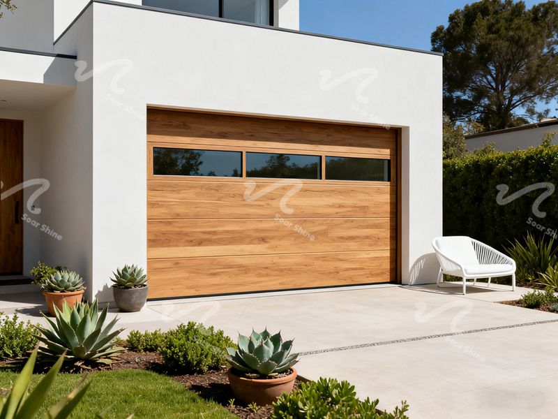 Puerta de garaje minimalista de veta de madera plana