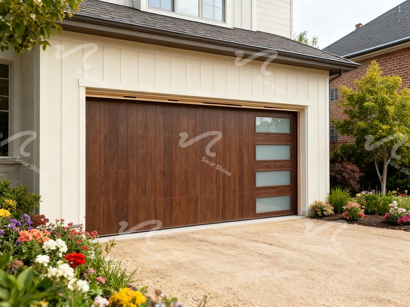Puerta de garaje minimalista de veta de madera plana